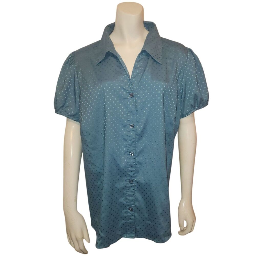 Dress Barn Teal Blue Short Sleeve Satin Button Front Blouse Womens Size 14 16